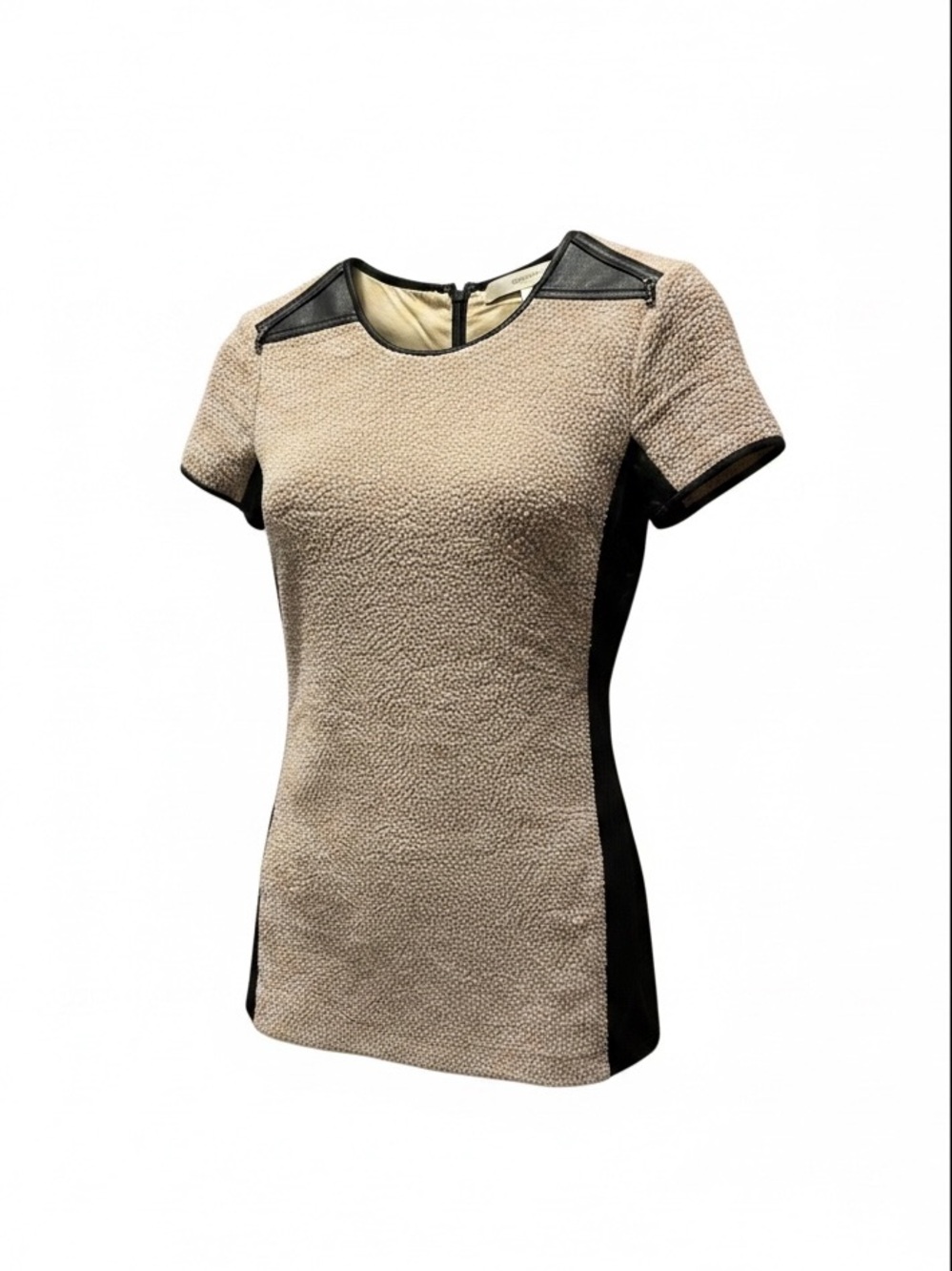 BCBGMAXAZRIA RUNWAY Beige and Black Textured Short Sleeve Dress